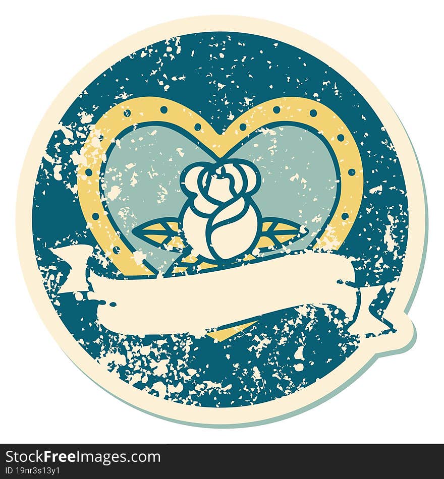 Distressed Sticker Tattoo Style Icon Of A Heart Rose And Banner