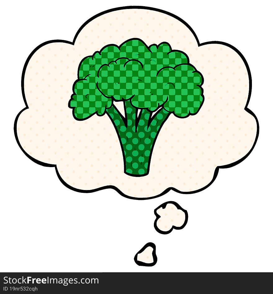 cartoon brocoli with thought bubble in comic book style