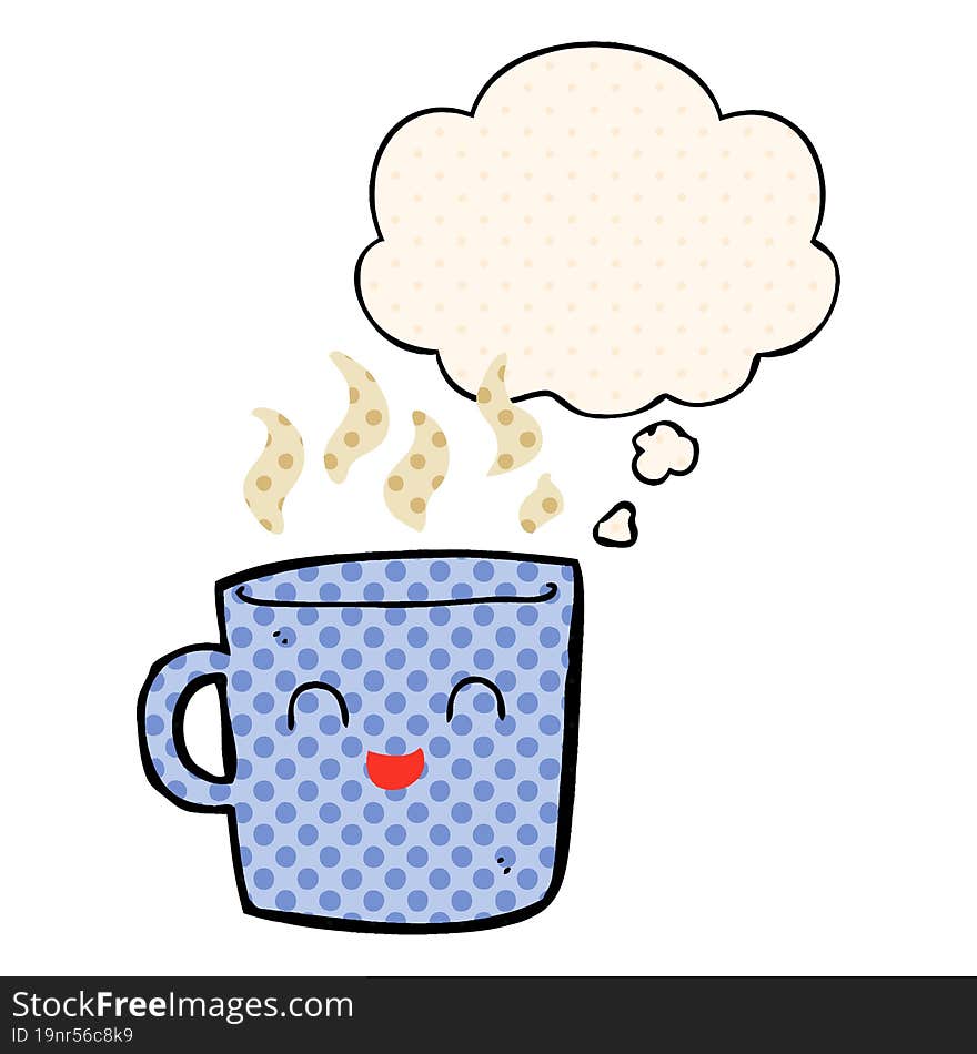 cute coffee cup cartoon with thought bubble in comic book style