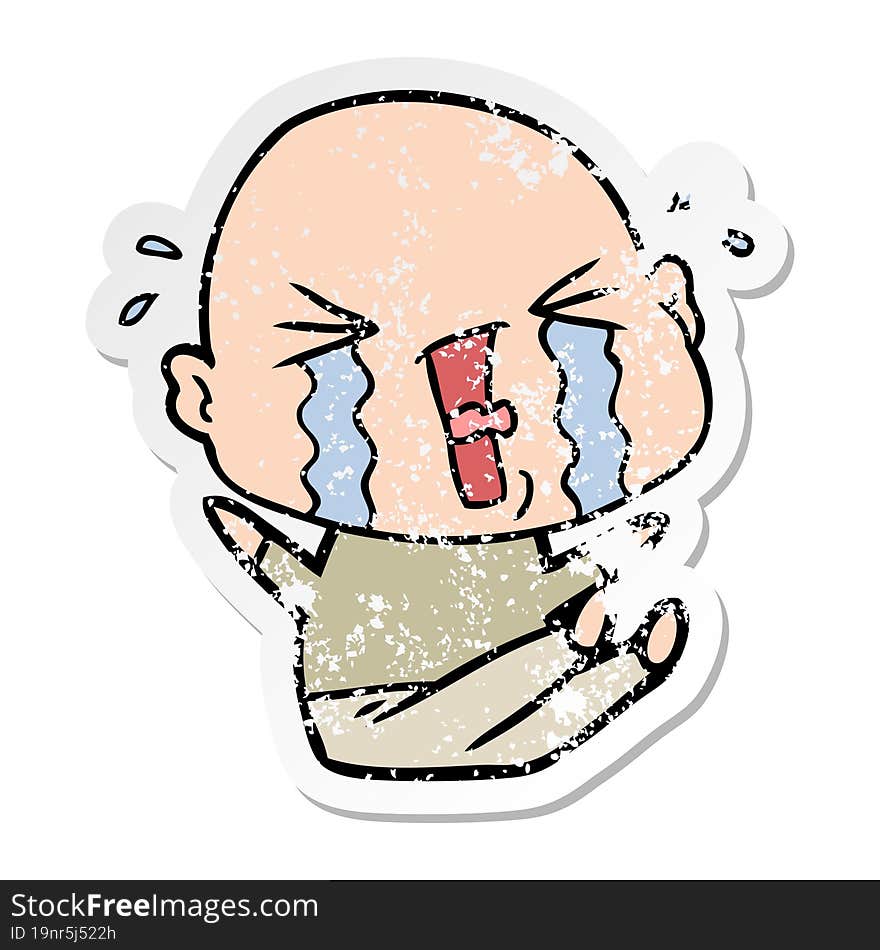 distressed sticker of a cartoon crying bald man