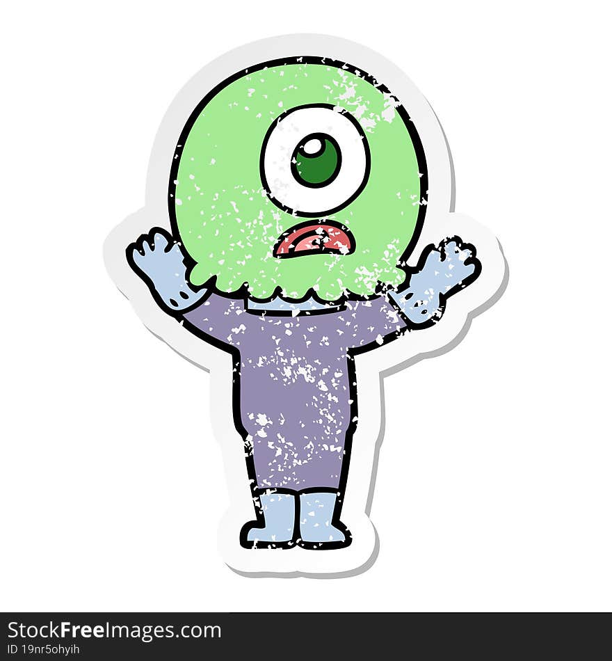 distressed sticker of a cartoon cyclops alien spaceman