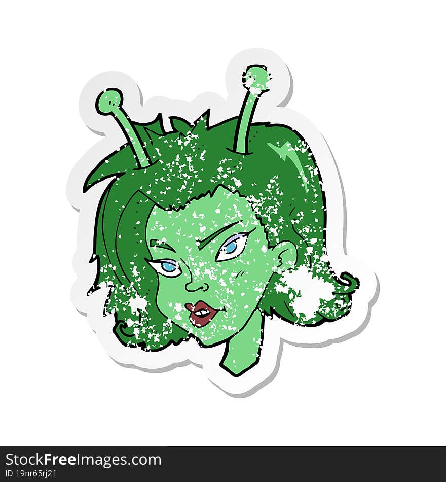 Retro Distressed Sticker Of A Cartoon Alien Woman