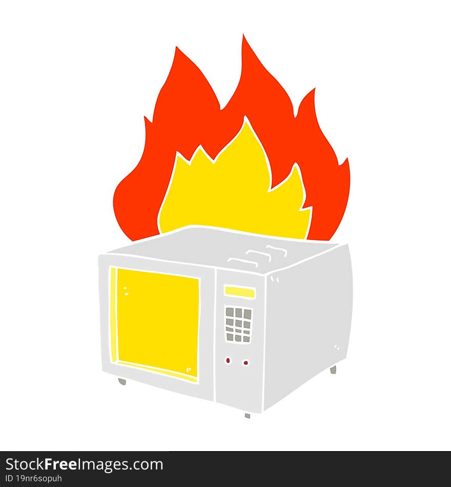 flat color illustration of a cartoon microwave on fire