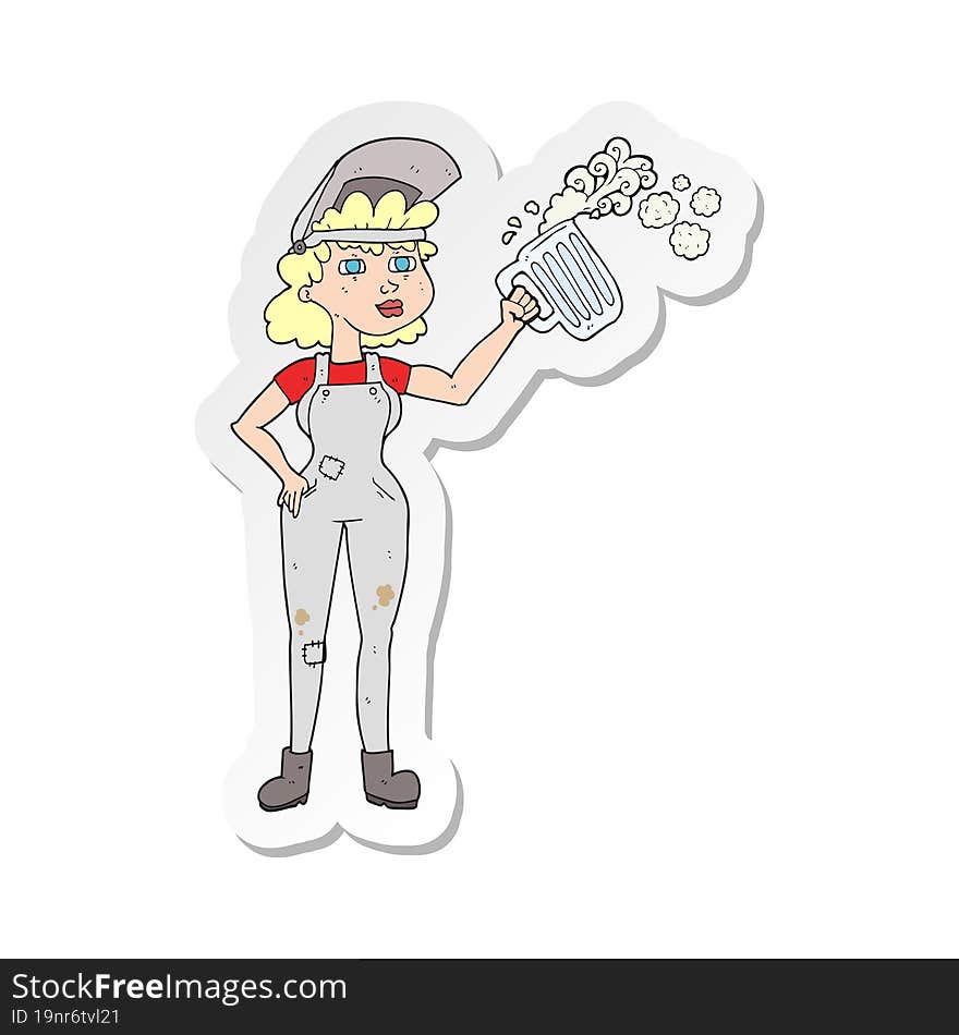 Sticker Of A Cartoon Hard Working Woman With Beer