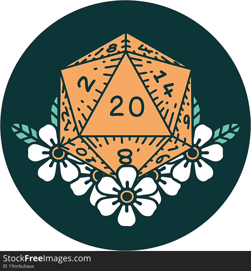 iconic tattoo style image of a d20. iconic tattoo style image of a d20