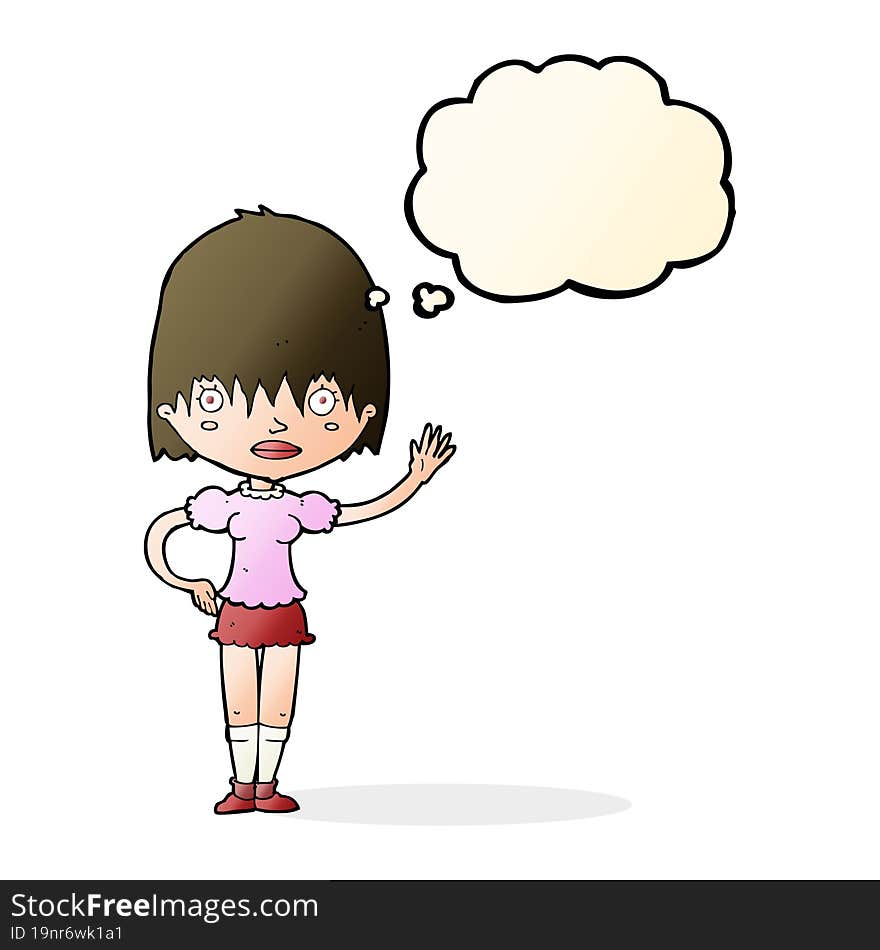 cartoon waving woman with thought bubble