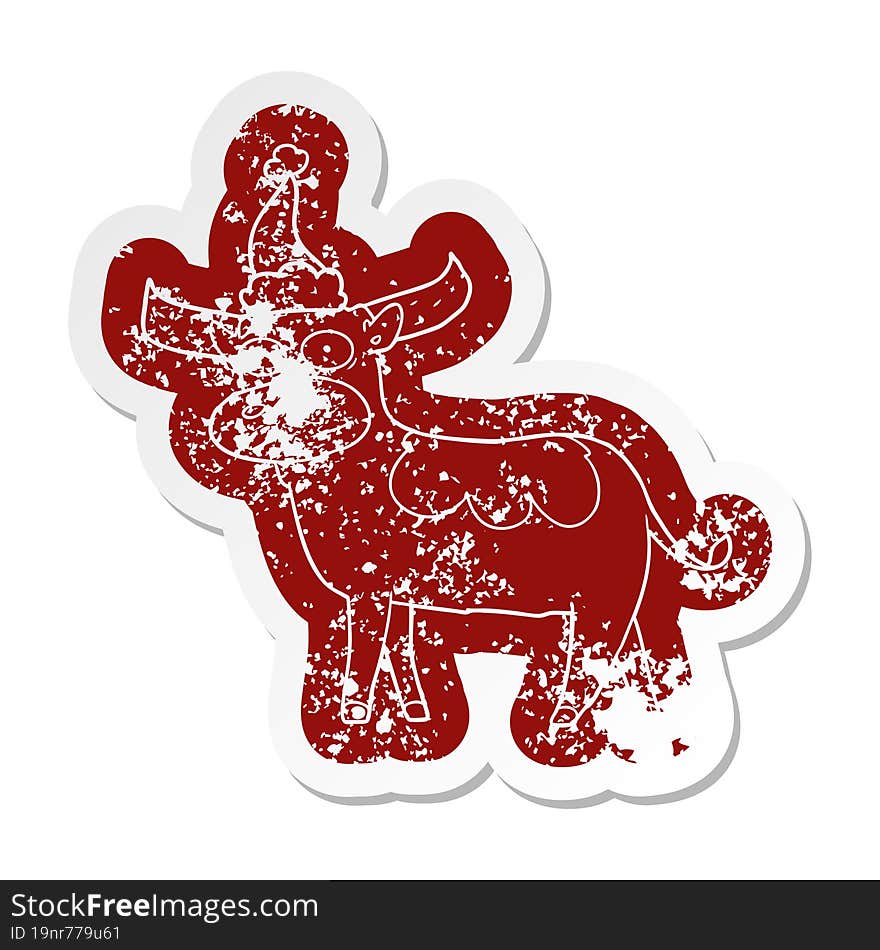 Cartoon Distressed Sticker Of A Bull Wearing Santa Hat