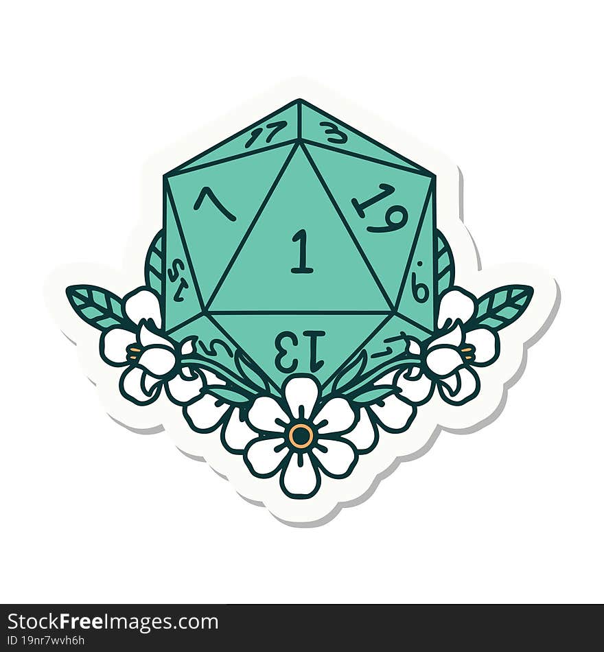 sticker of a natural one dice roll with floral elements. sticker of a natural one dice roll with floral elements