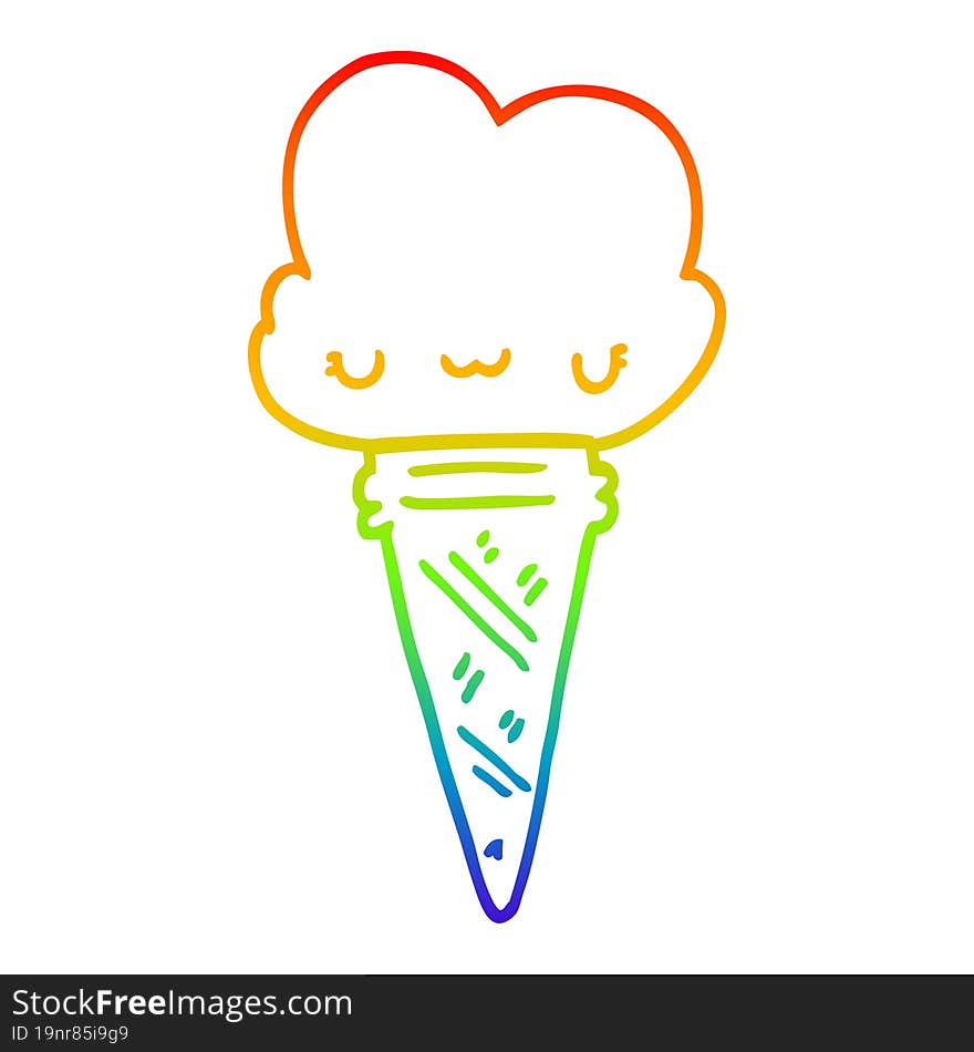 rainbow gradient line drawing cartoon ice cream with face