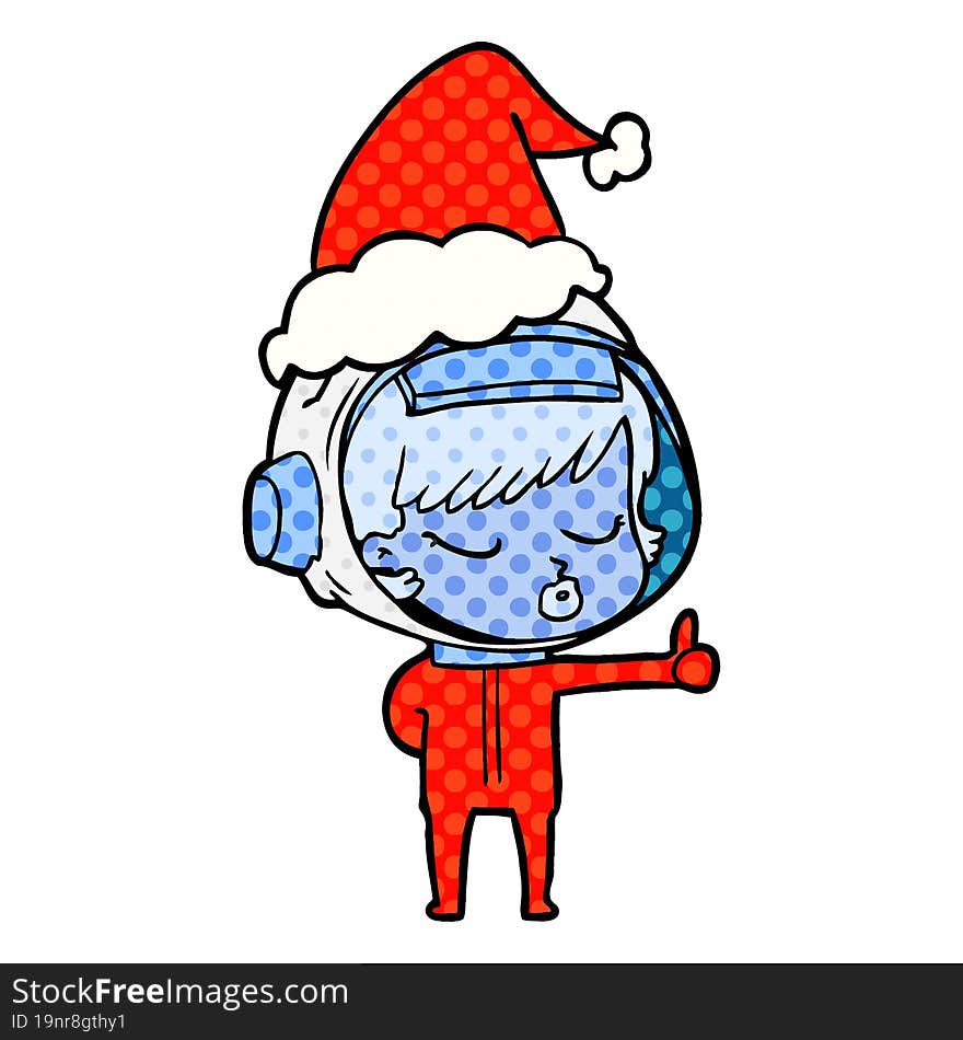 comic book style illustration of a pretty astronaut girl giving thumbs up wearing santa hat