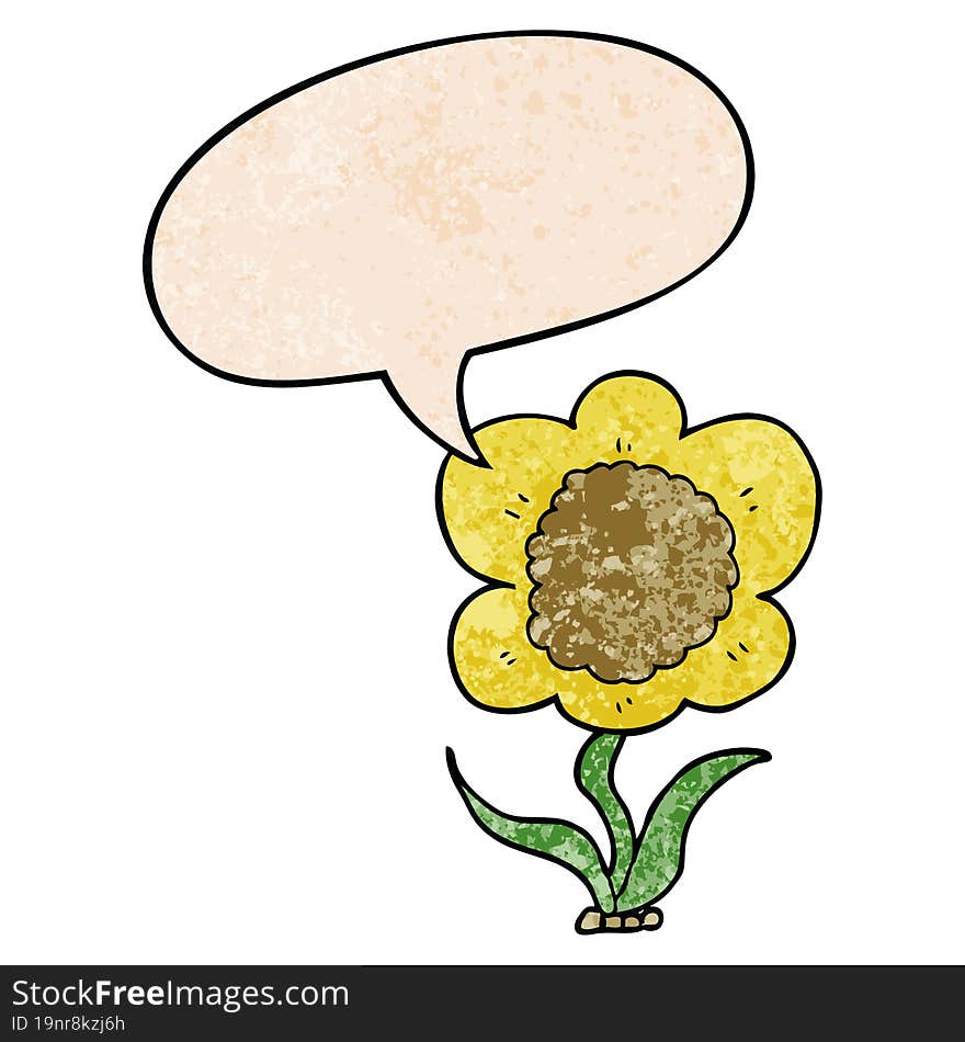 cartoon flower and speech bubble in retro texture style