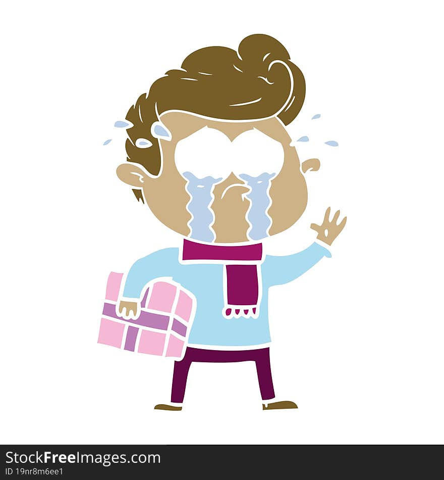 flat color style cartoon crying man with present