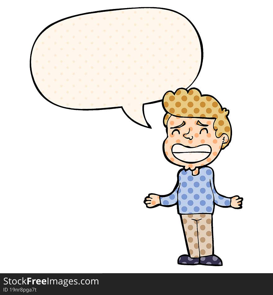 cartoon boy shrugging with speech bubble in comic book style