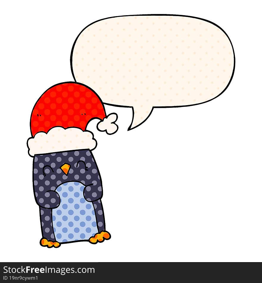 cartoon penguin and speech bubble in comic book style