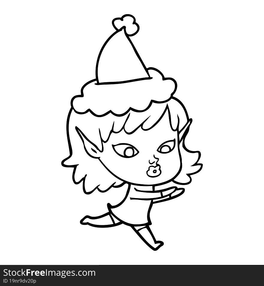 Pretty Line Drawing Of A Elf Girl Wearing Santa Hat