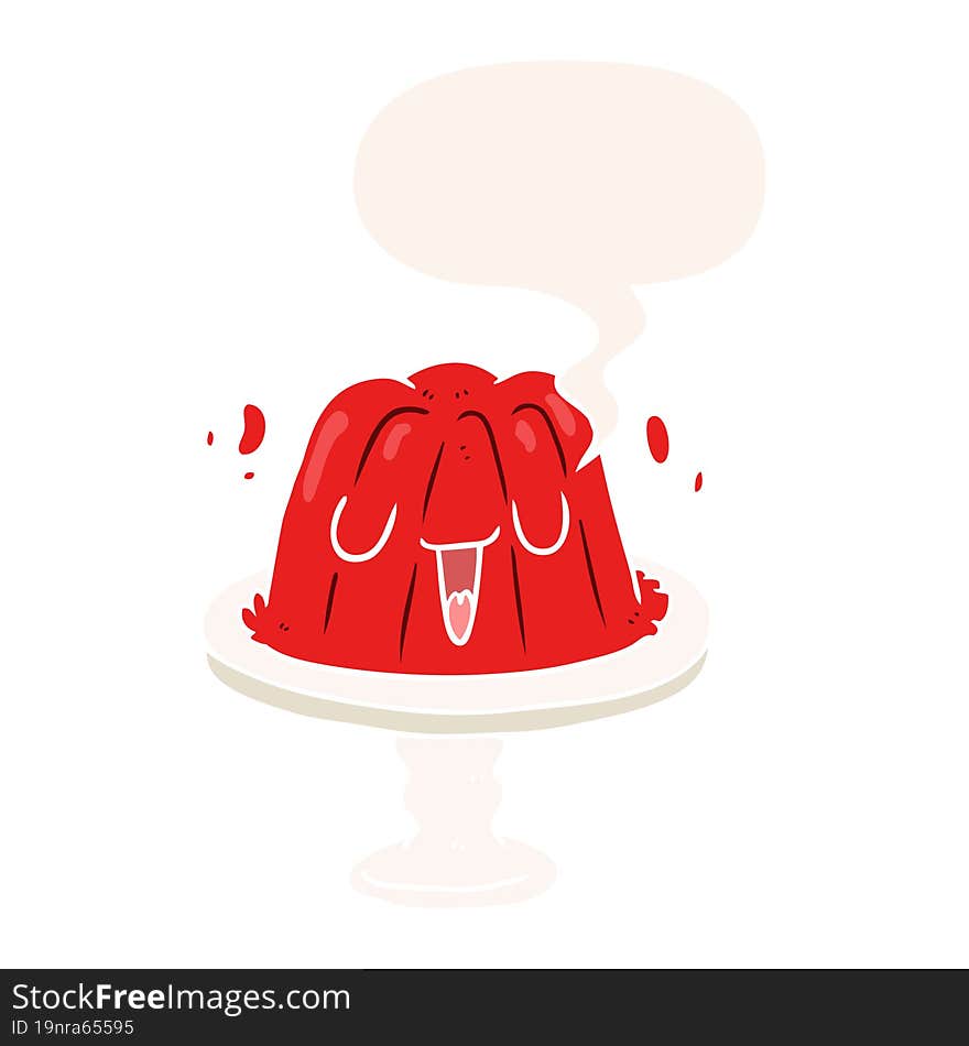 Cartoon Jelly On Plate Wobbling And Speech Bubble In Retro Style