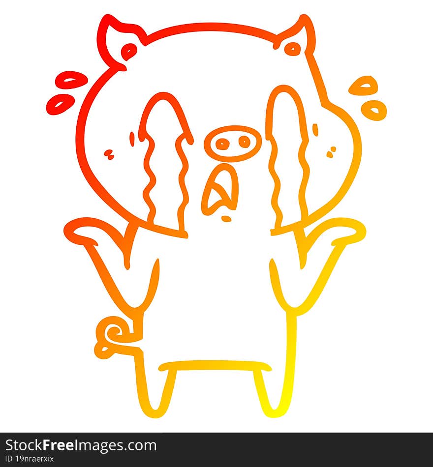 warm gradient line drawing of a crying pig cartoon