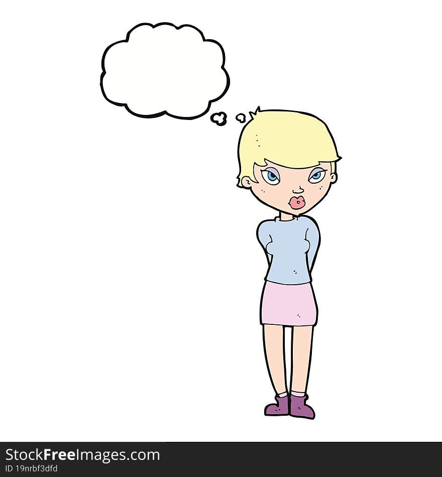 cartoon shy woman with thought bubble