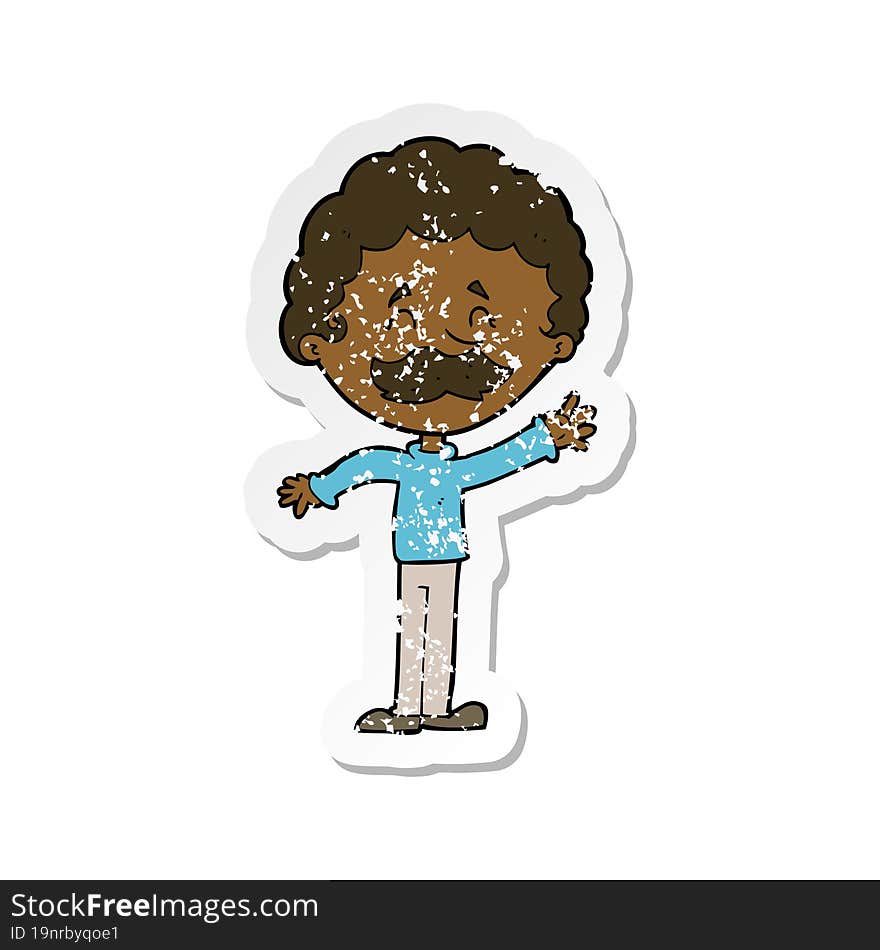 Retro Distressed Sticker Of A Cartoon Man With Mustache Waving