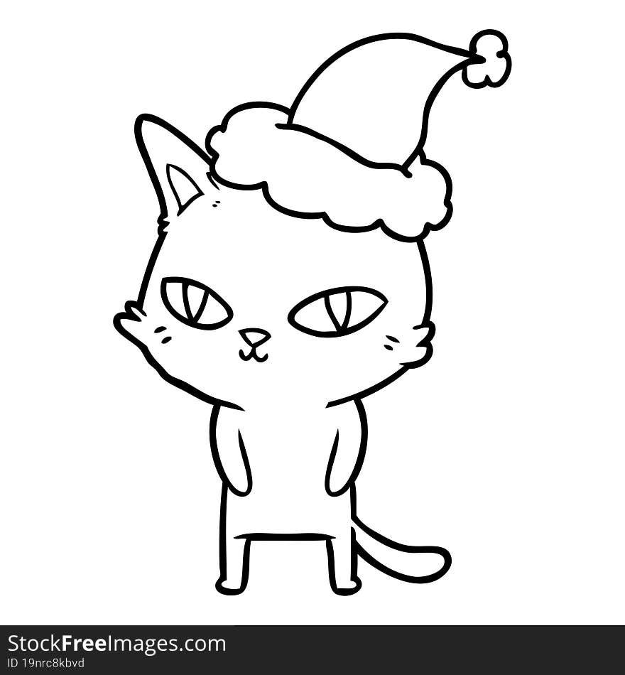 Line Drawing Of A Cat With Bright Eyes Wearing Santa Hat