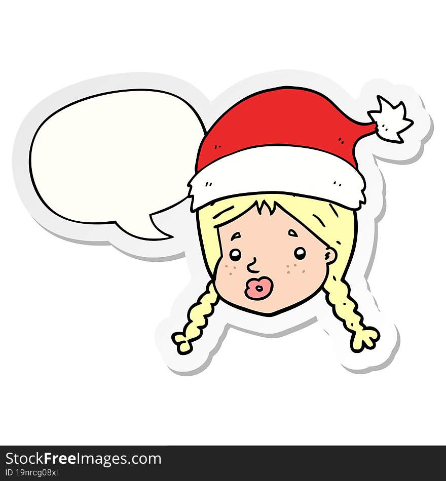 cartoon girl wearing christmas hat and speech bubble sticker