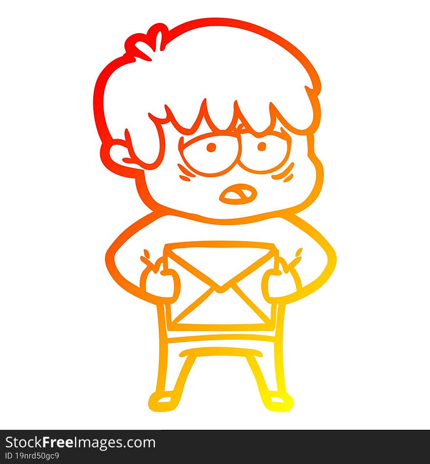 warm gradient line drawing of a cartoon exhausted boy with letter