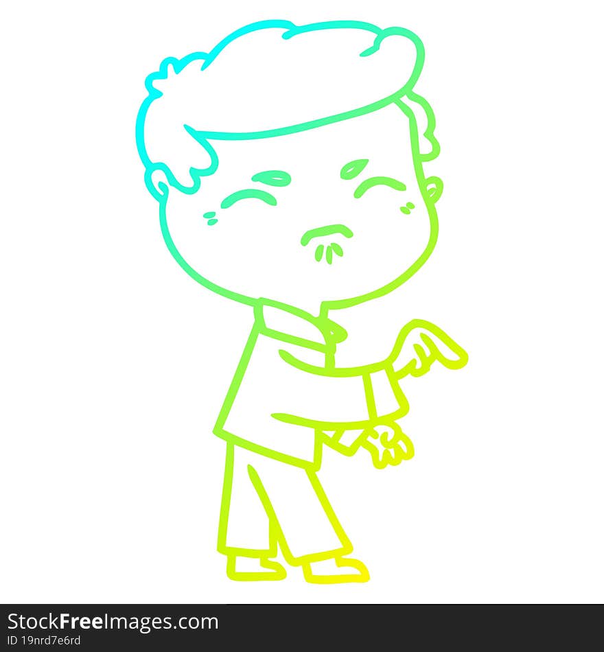 cold gradient line drawing of a cartoon annoyed man pointing finger