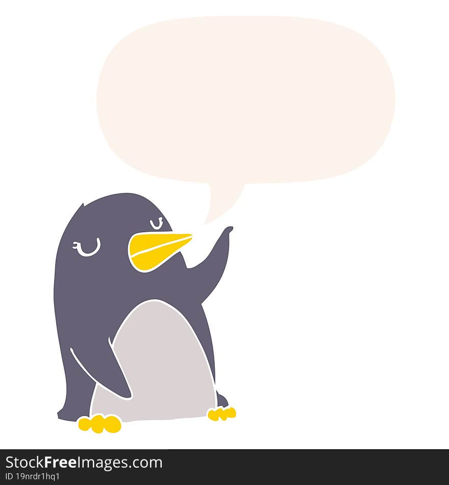 cartoon penguin and speech bubble in retro style