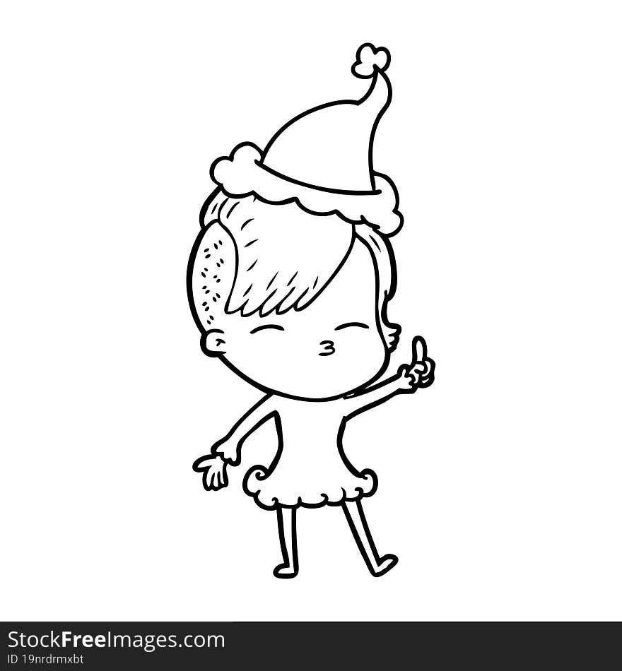 line drawing of a squinting girl wearing santa hat