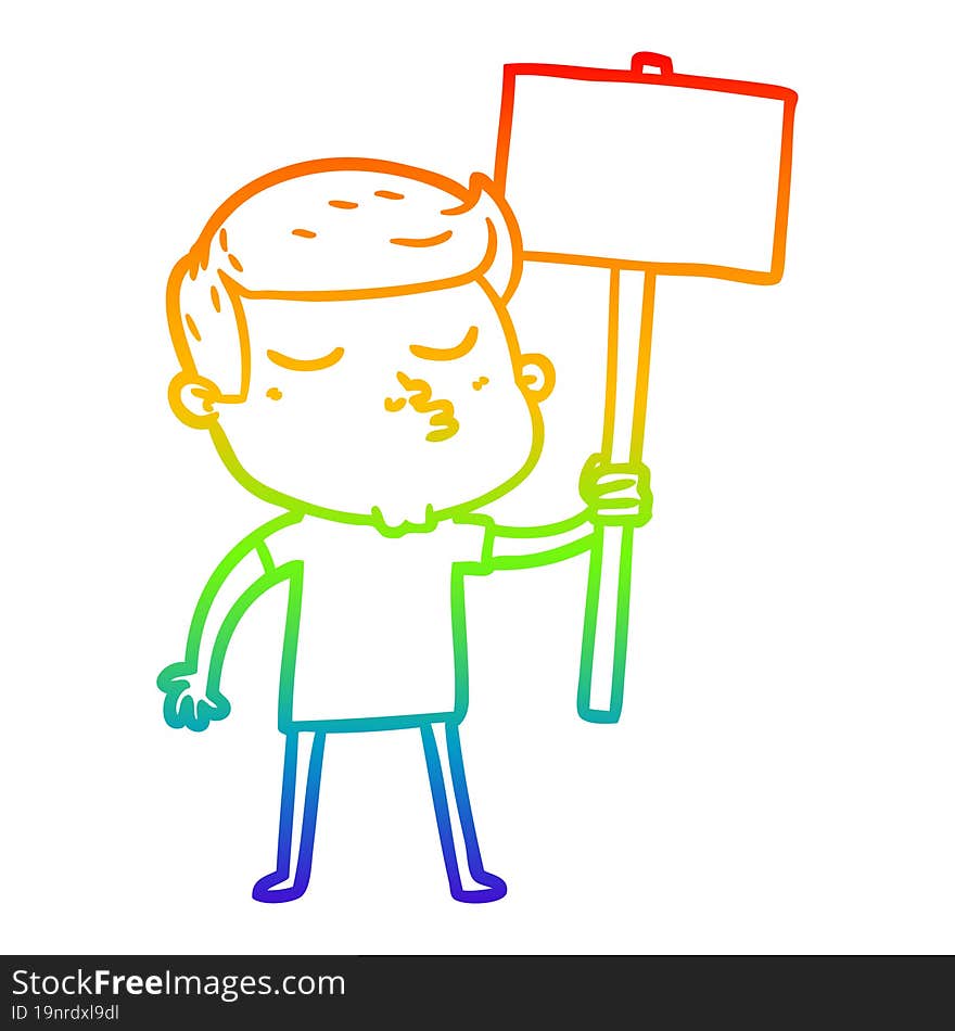 rainbow gradient line drawing cartoon model guy pouting with sign