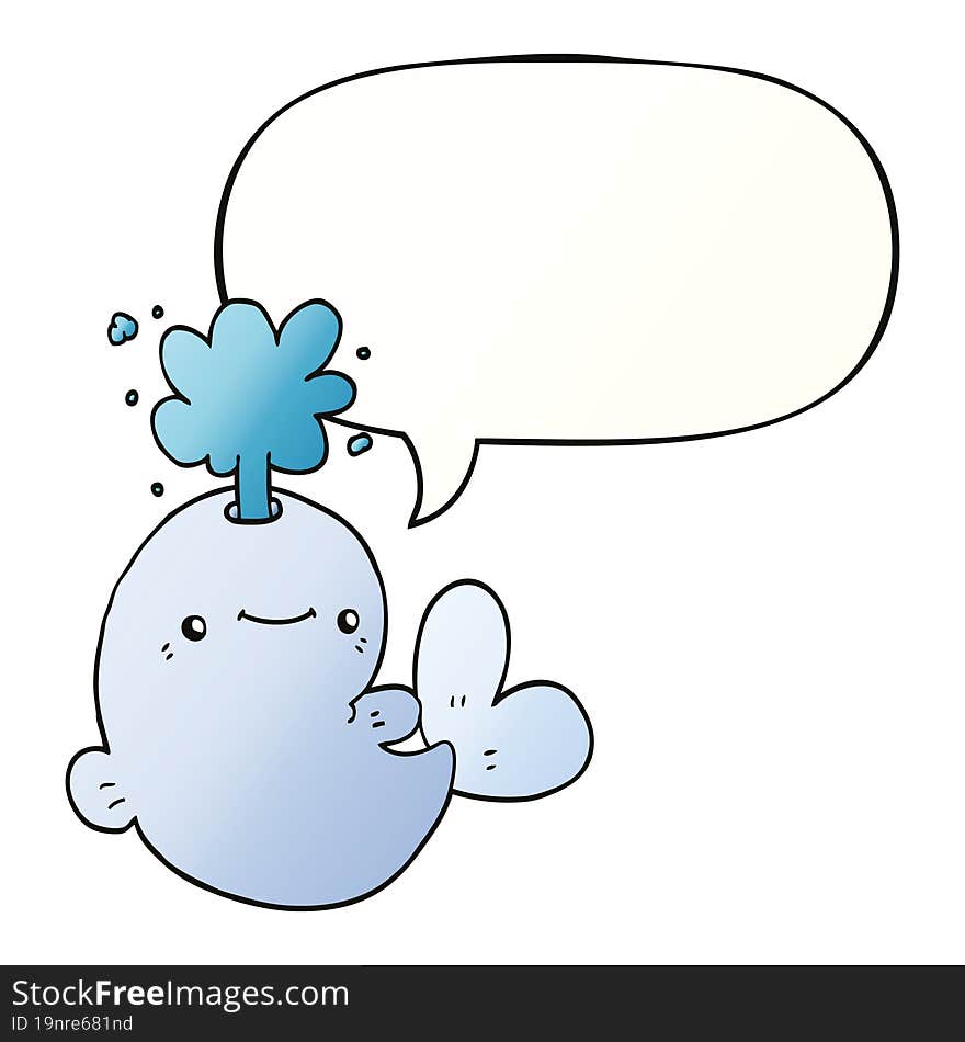 cartoon whale spouting water and speech bubble in smooth gradient style