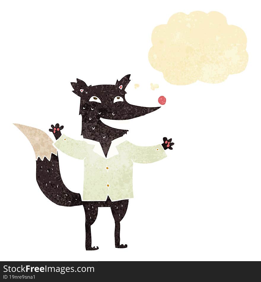 cartoon happy wolf wearing shirt with thought bubble