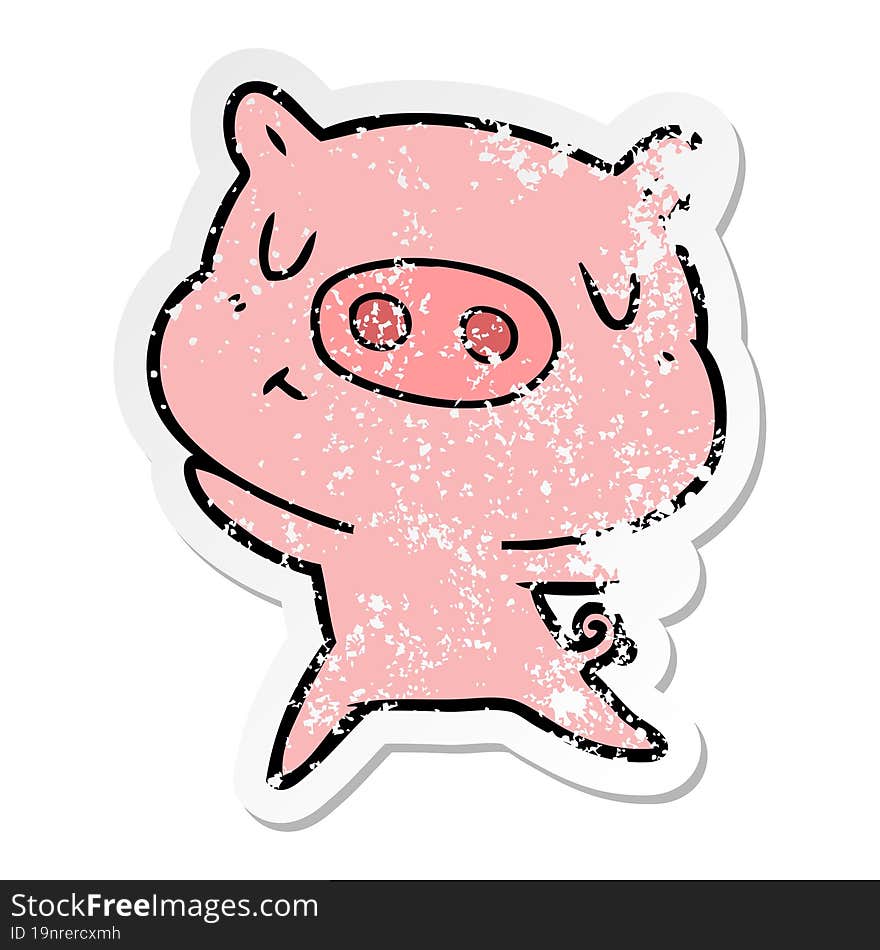 Distressed Sticker Of A Cartoon Content Pig