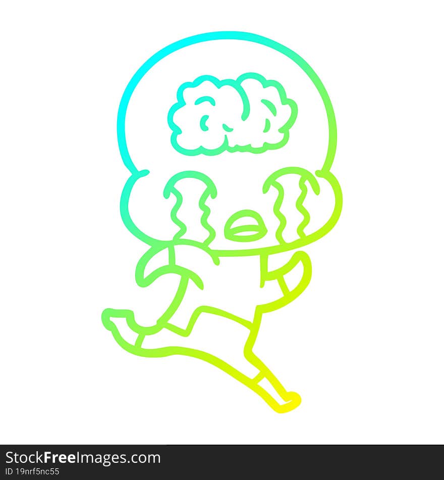 cold gradient line drawing cartoon big brain alien crying