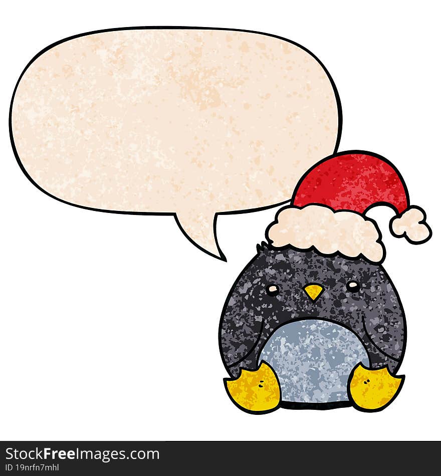 Cute Cartoon Penguin Wearing Christmas Hat And Speech Bubble In Retro Texture Style