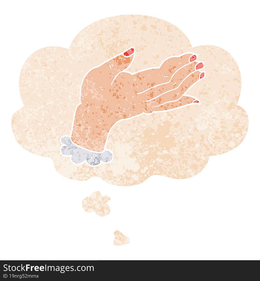 cartoon hand with thought bubble in grunge distressed retro textured style. cartoon hand with thought bubble in grunge distressed retro textured style