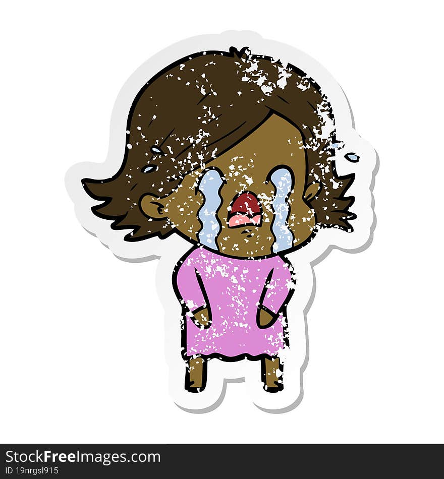 distressed sticker of a cartoon woman crying