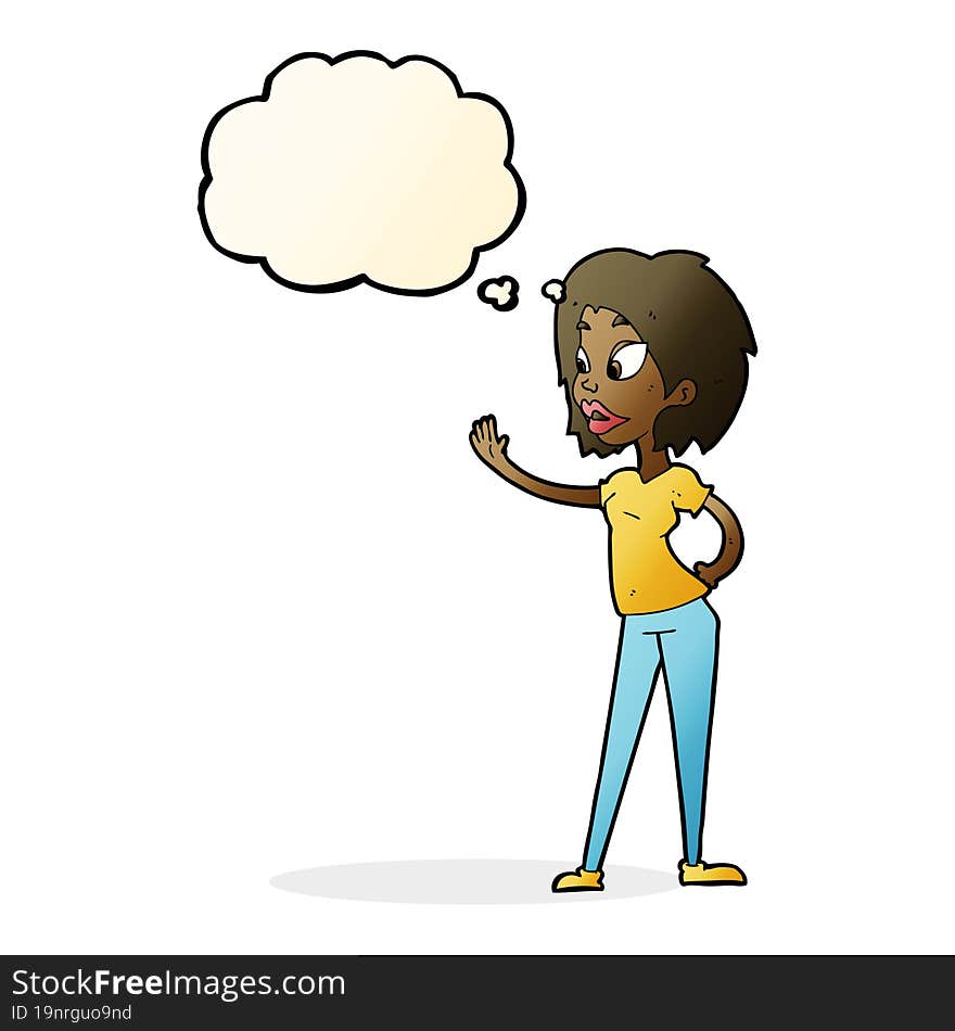 Cartoon Woman Waving With Thought Bubble