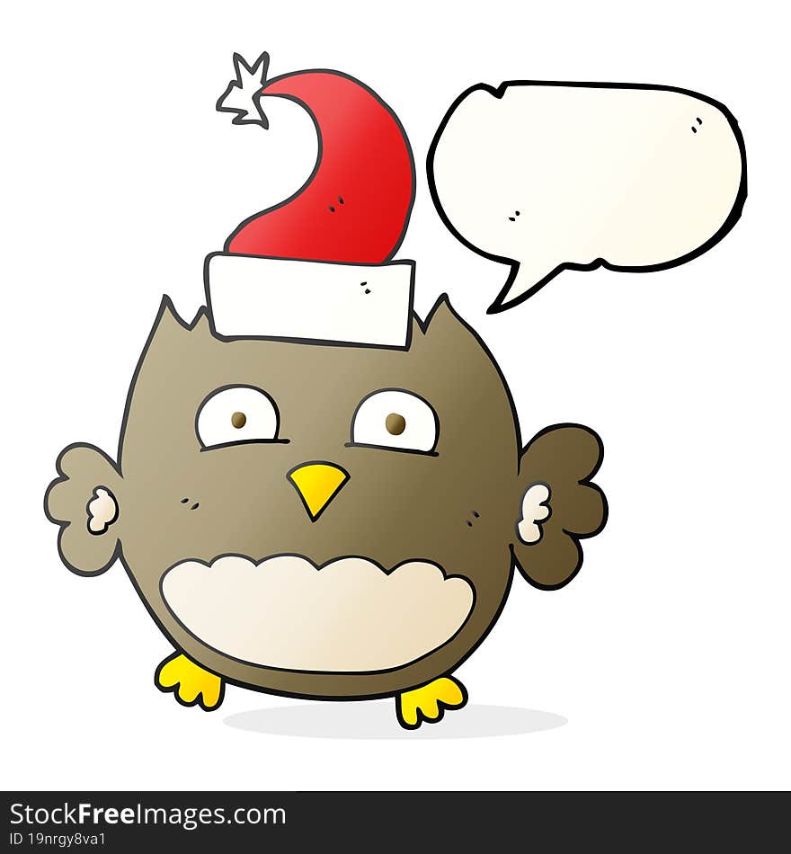 freehand drawn speech bubble cartoon owl wearing christmas hat