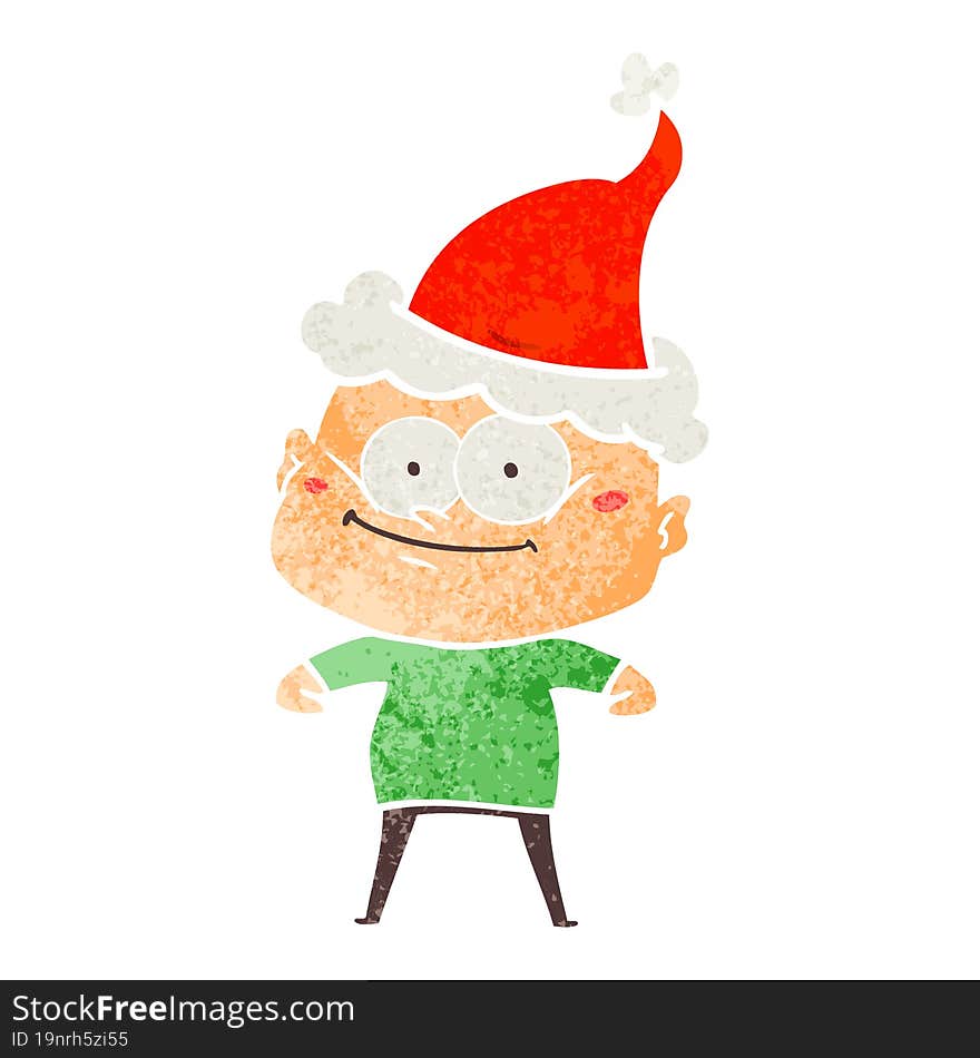 retro cartoon of a bald man staring wearing santa hat