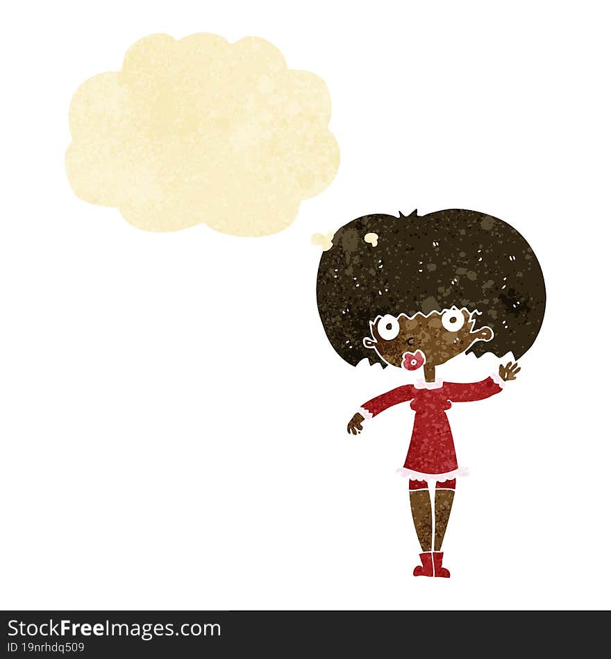 cartoon waving girl with thought bubble