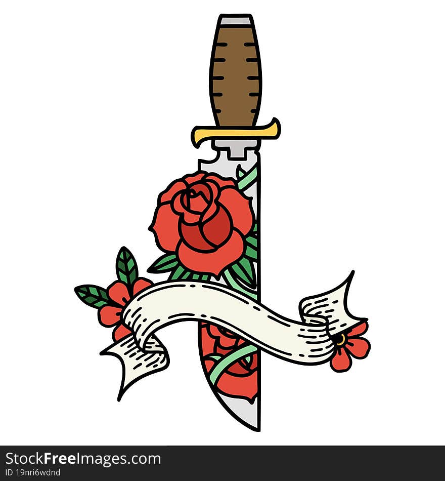 traditional tattoo with banner of a dagger and flowers