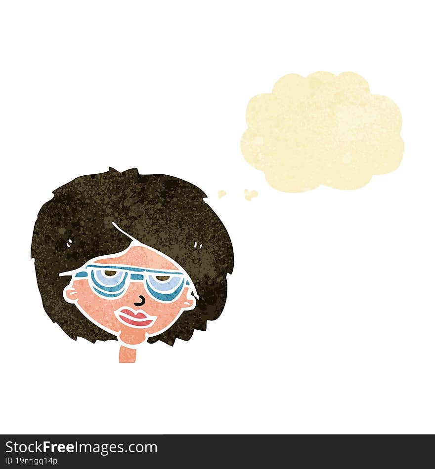 cartoon woman wearing spectacles with thought bubble