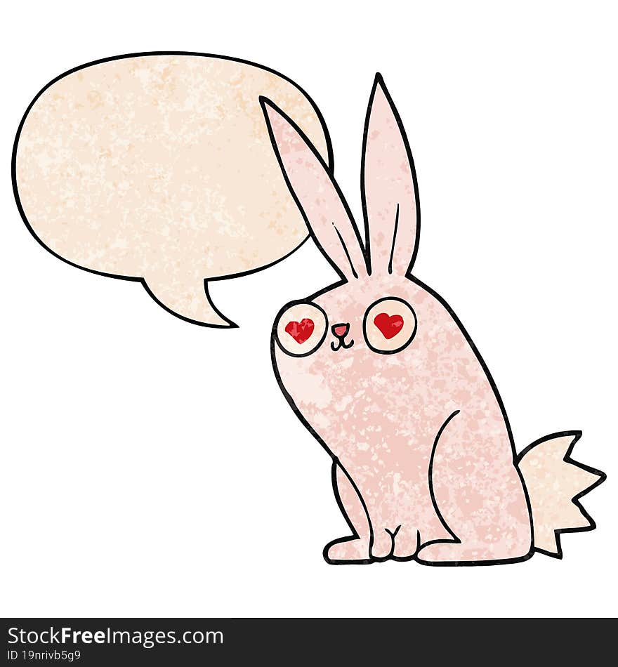 cartoon bunny rabbit in love with speech bubble in retro texture style