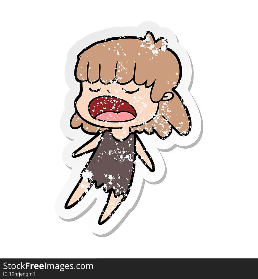 distressed sticker of a cartoon woman talking loudly