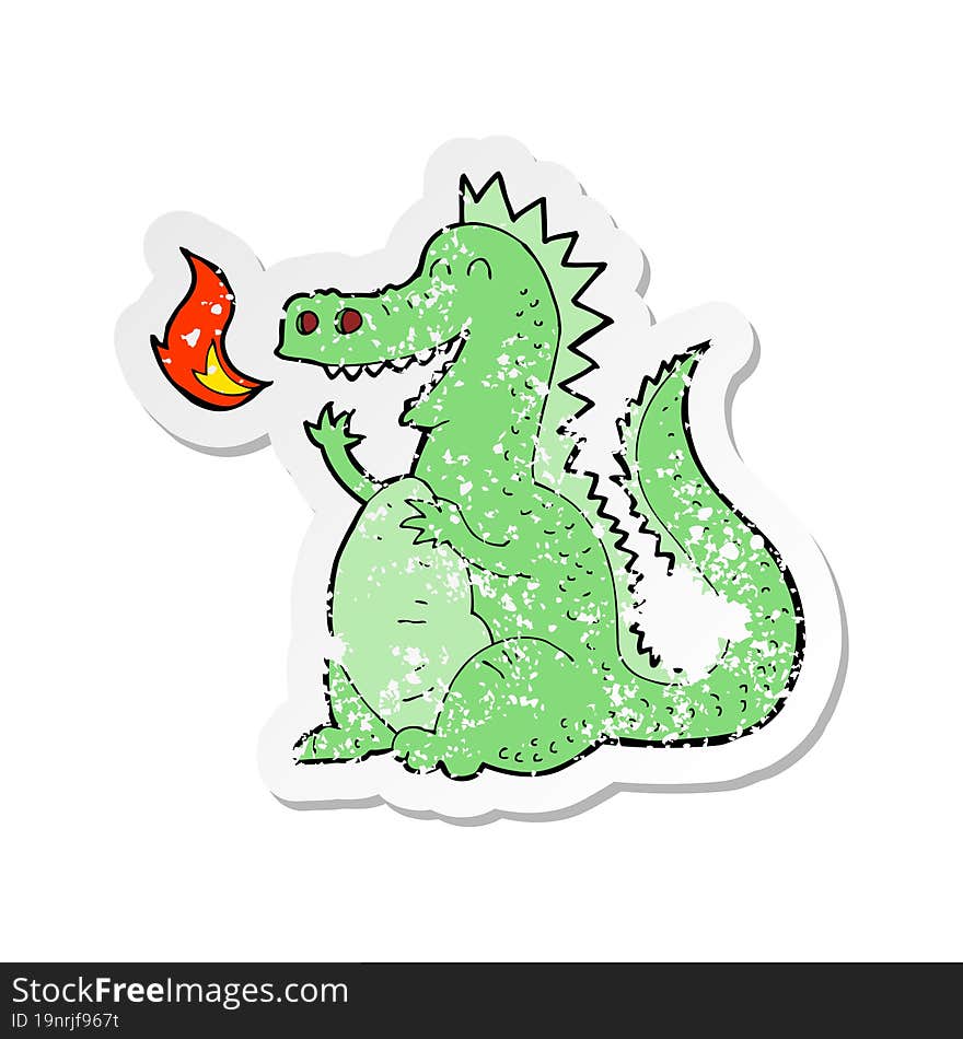 retro distressed sticker of a cartoon fire breathing dragon