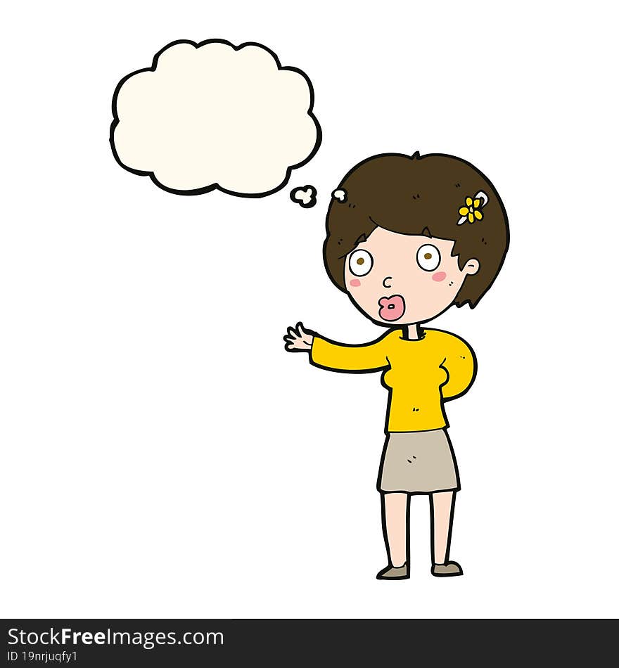 cartoon waving woman with thought bubble