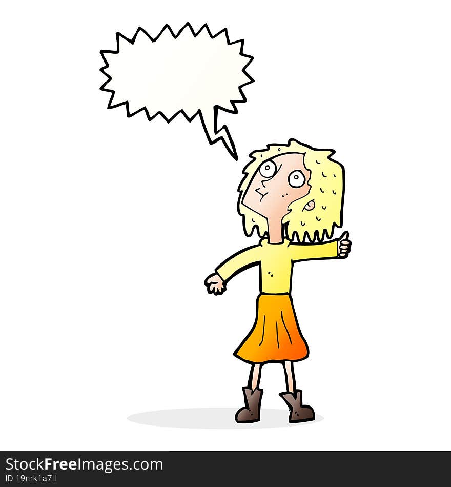 cartoon woman looking up to the sky with speech bubble