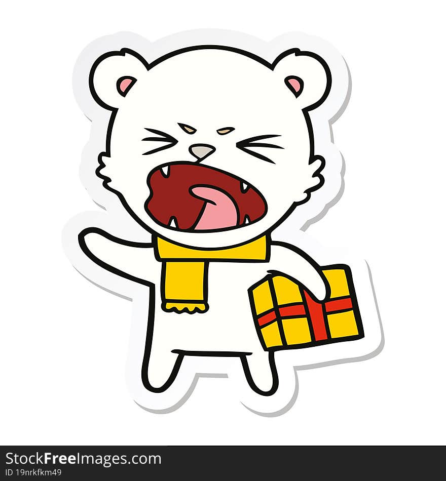 sticker of a angry cartoon polar bear with christmas present