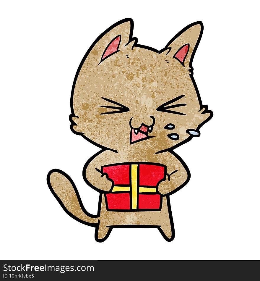 cartoon hissing cat with christmas present. cartoon hissing cat with christmas present